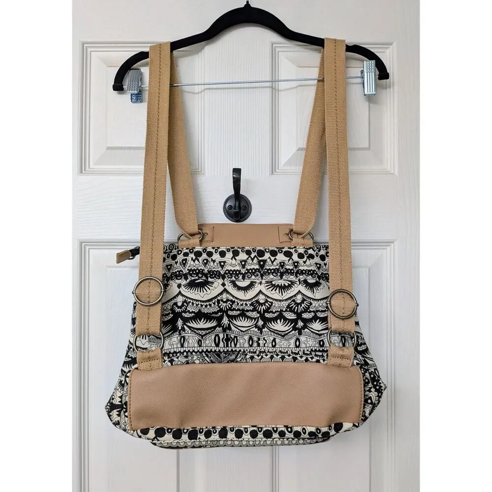 Sakroots Black & Tan Convertible Messenger Crossbody Hippie Peace Bohemian Bag